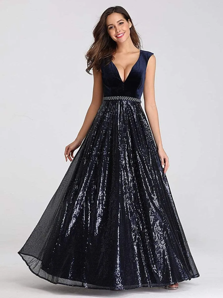 Floor Length Velvet and Sequin Evening Dress for Women