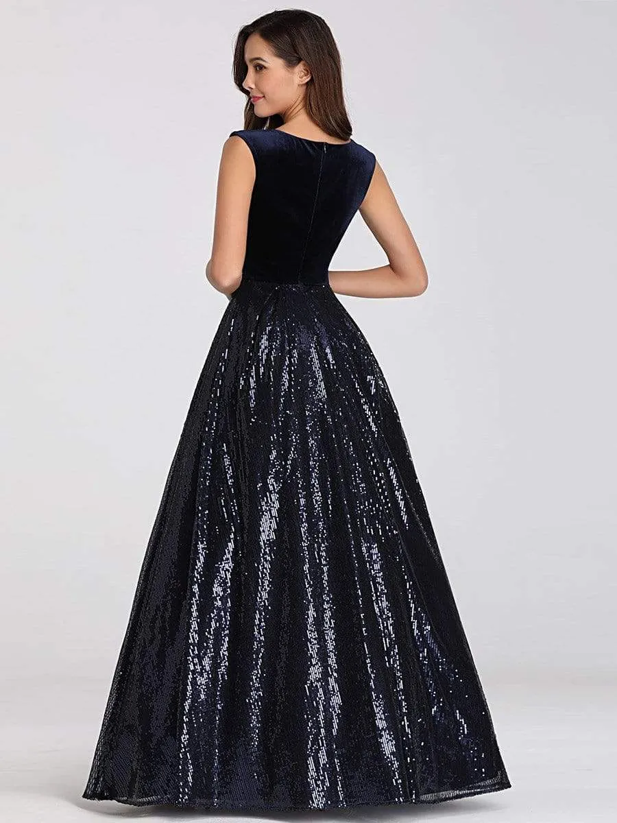 Floor Length Velvet and Sequin Evening Dress for Women