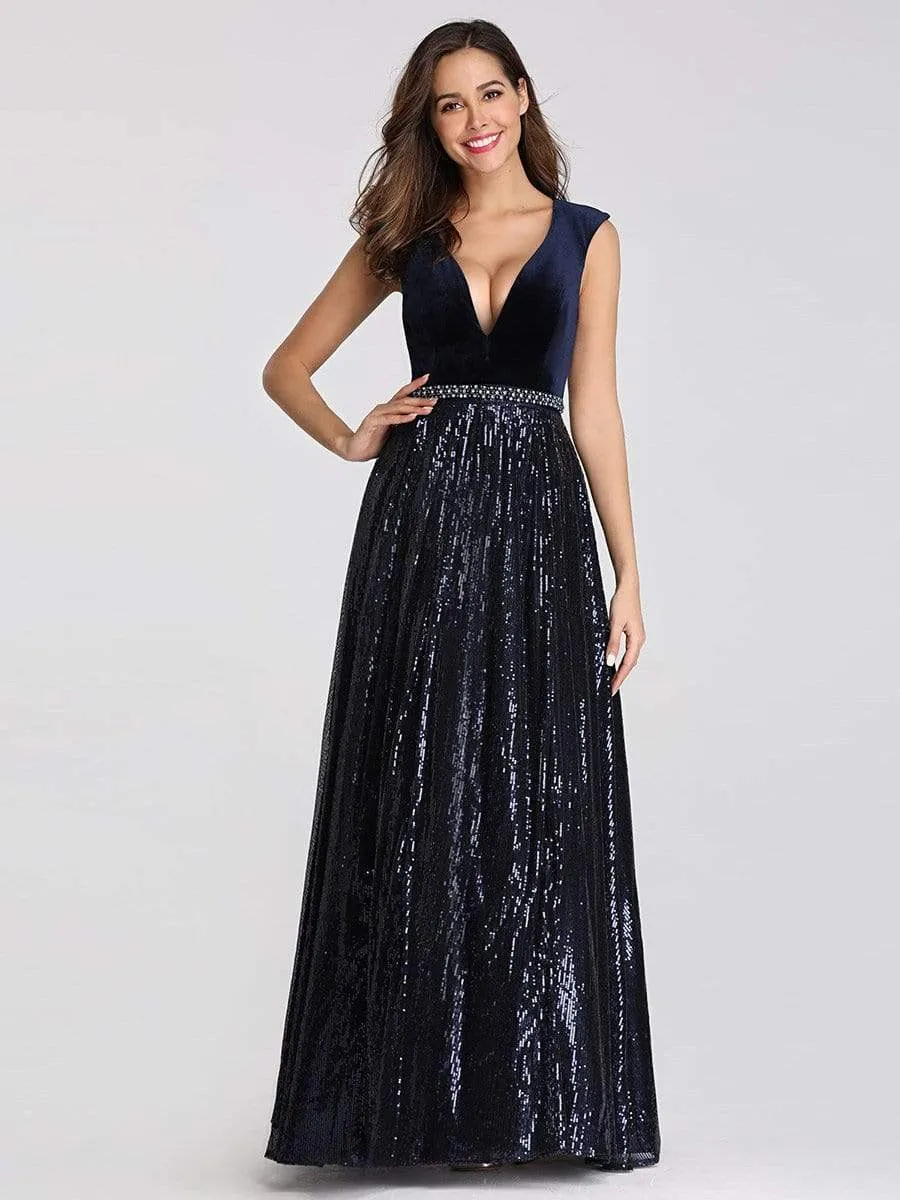 Floor Length Velvet and Sequin Evening Dress for Women