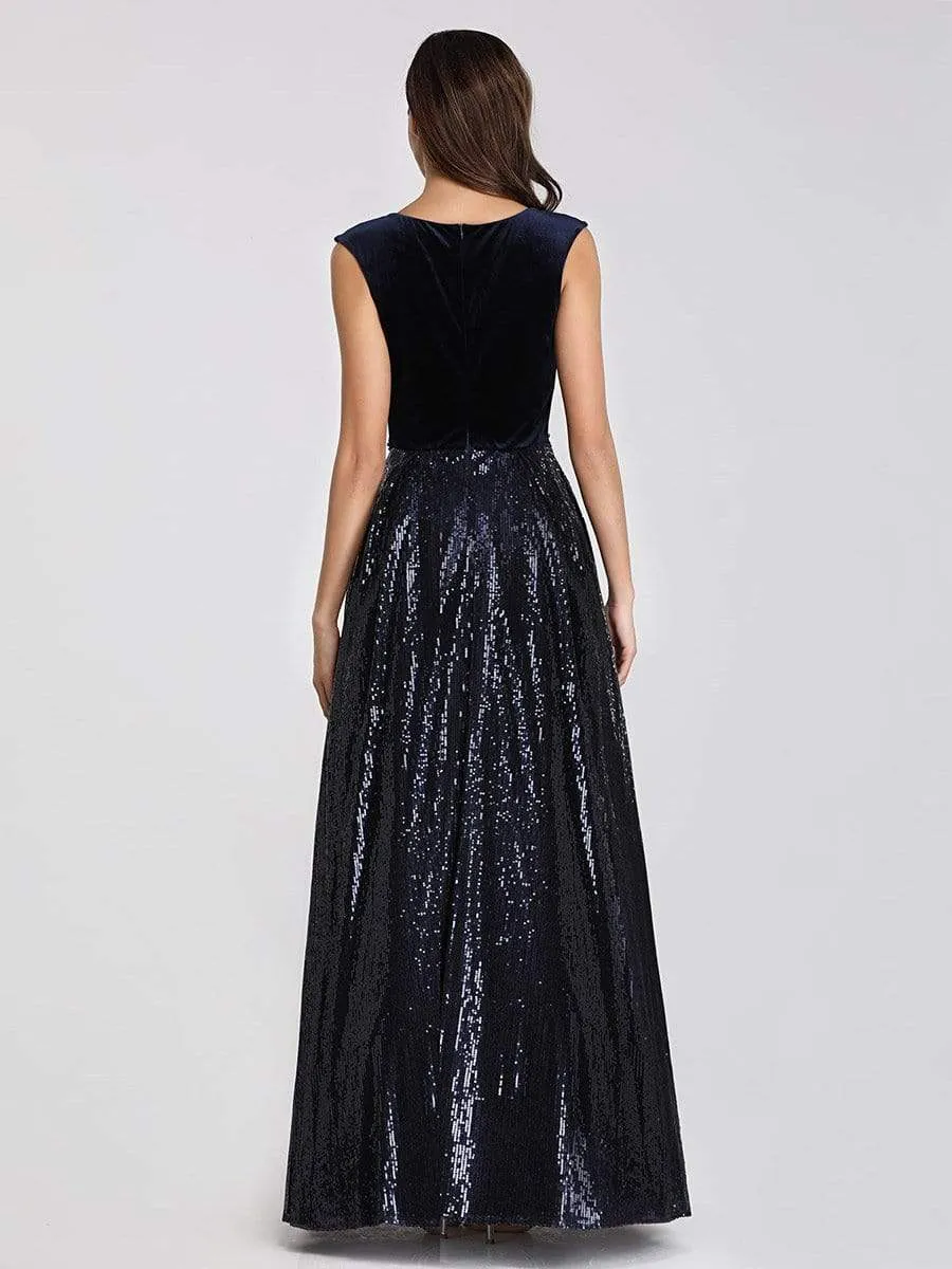 Floor Length Velvet and Sequin Evening Dress for Women