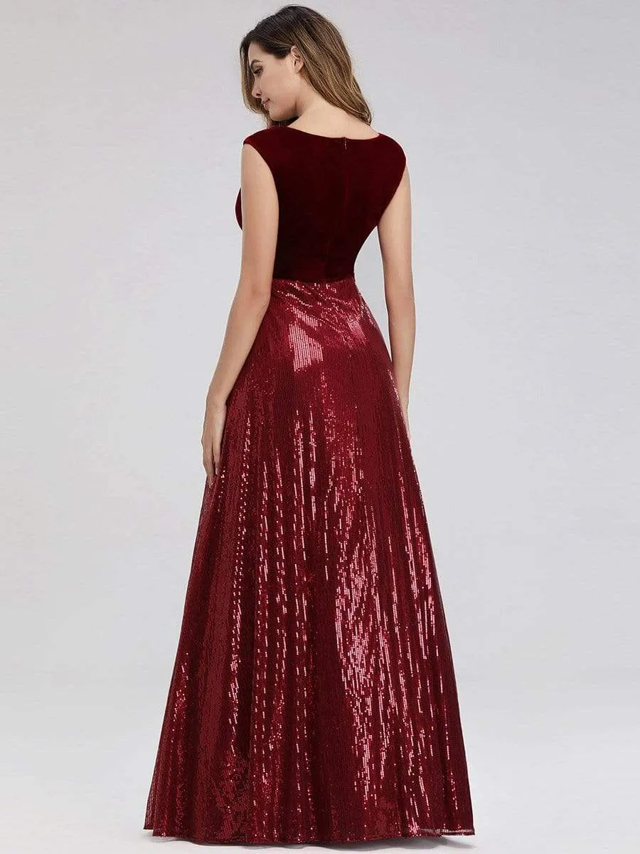 Floor Length Velvet and Sequin Evening Dress for Women