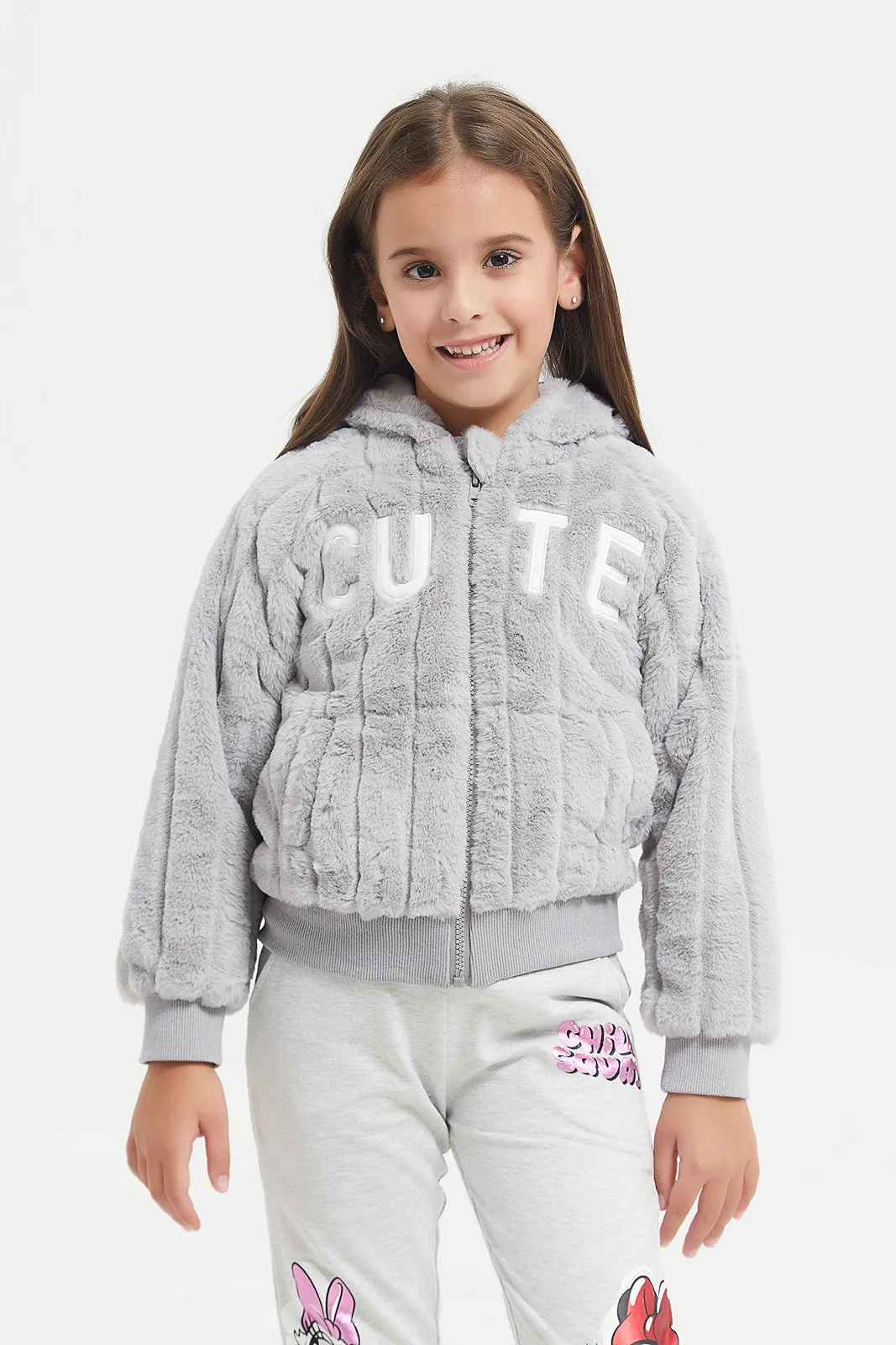 Girls Grey Zip Hooded Sweatshirt