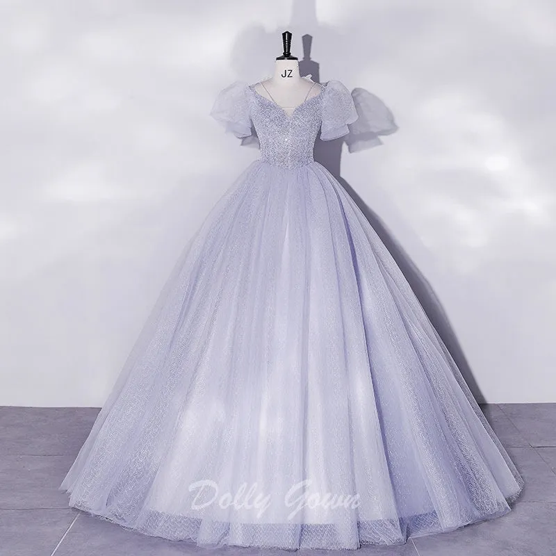 Glittler V-Neck Ball Gown Prom Dress with Short Bubble Sleeves