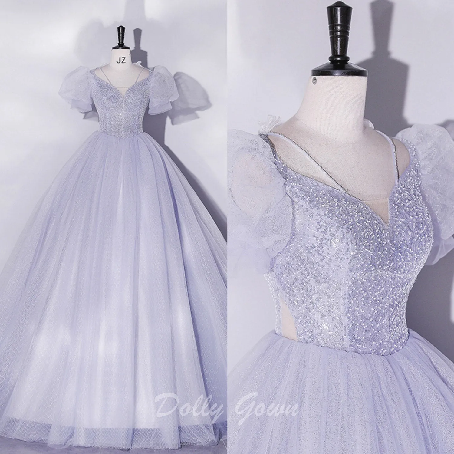 Glittler V-Neck Ball Gown Prom Dress with Short Bubble Sleeves