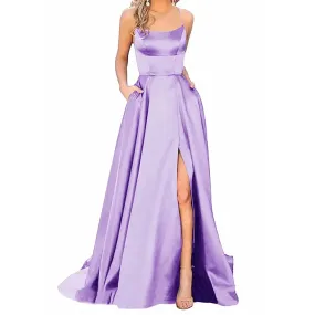 Hnzxzm Sexy Backless Long Evening Prom Dress Purple Side Slipt Maxi Dress Women A Line Spaghetti Straps Satin Prom Gowns Formal Vestido