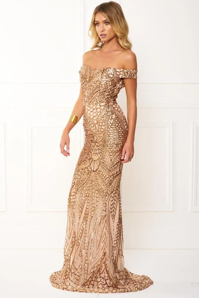 Honey Couture HAILEY Rose Gold Sequin Off Shoulder Evening Gown Dress