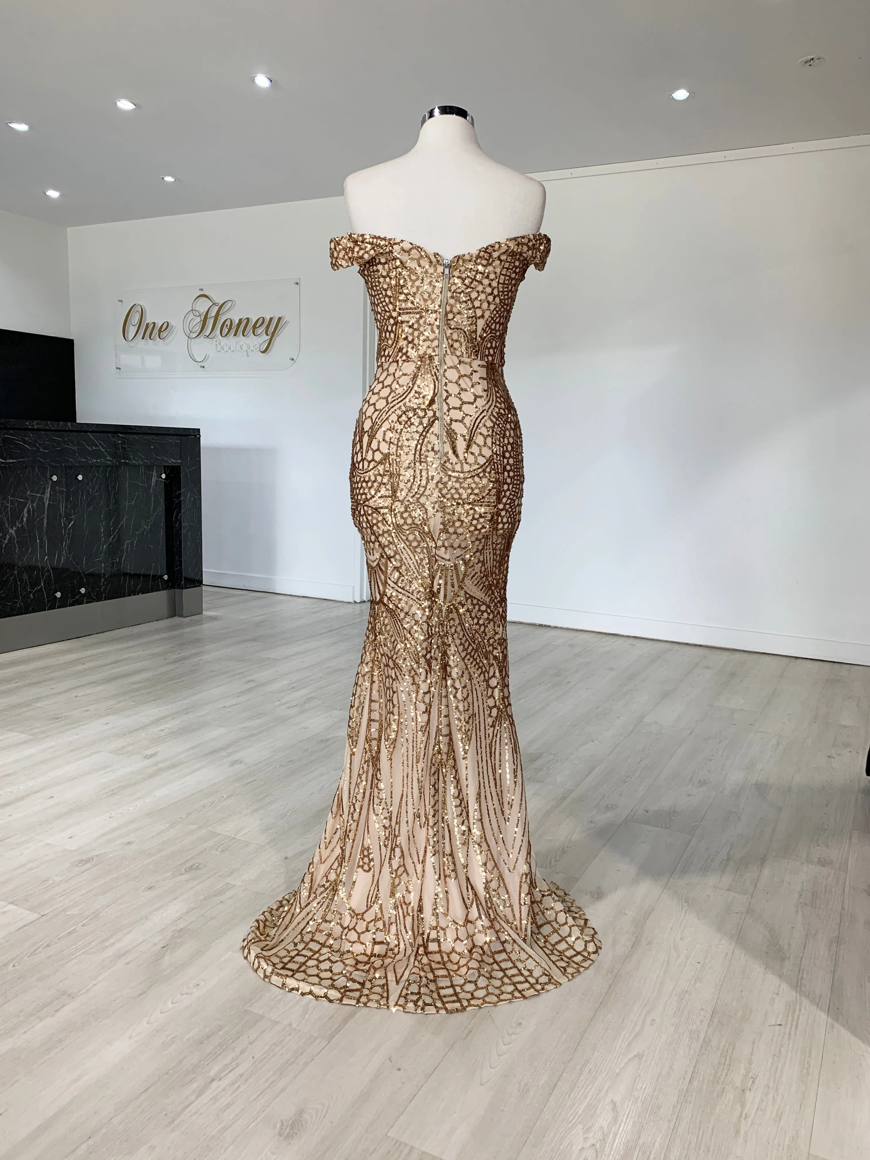 Honey Couture HAILEY Rose Gold Sequin Off Shoulder Evening Gown Dress