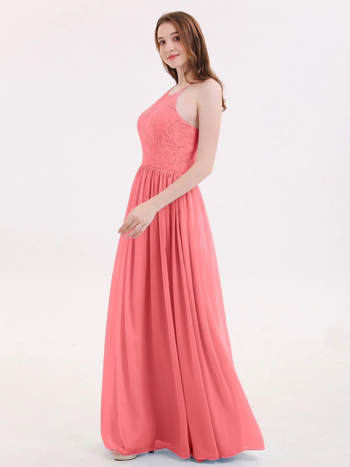 Illusion Neck Lace and Chiffon Maxi Gowns-Watermelon