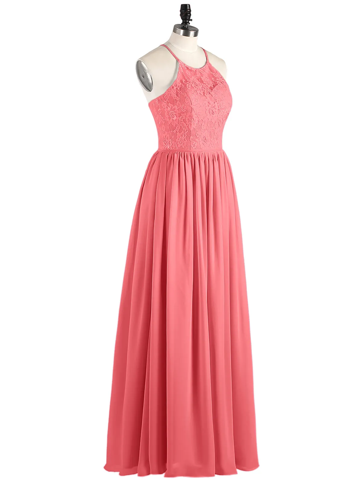 Illusion Neck Lace and Chiffon Maxi Gowns-Watermelon