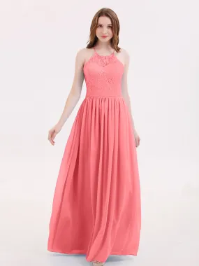 Illusion Neck Lace and Chiffon Maxi Gowns-Watermelon