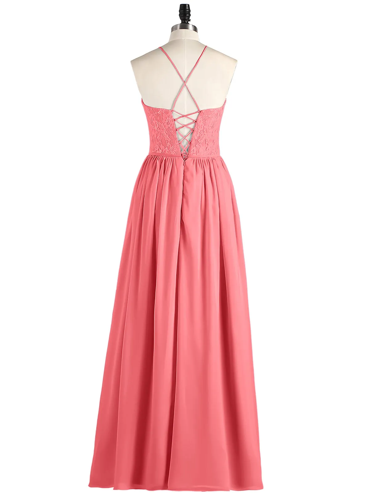 Illusion Neck Lace and Chiffon Maxi Gowns-Watermelon