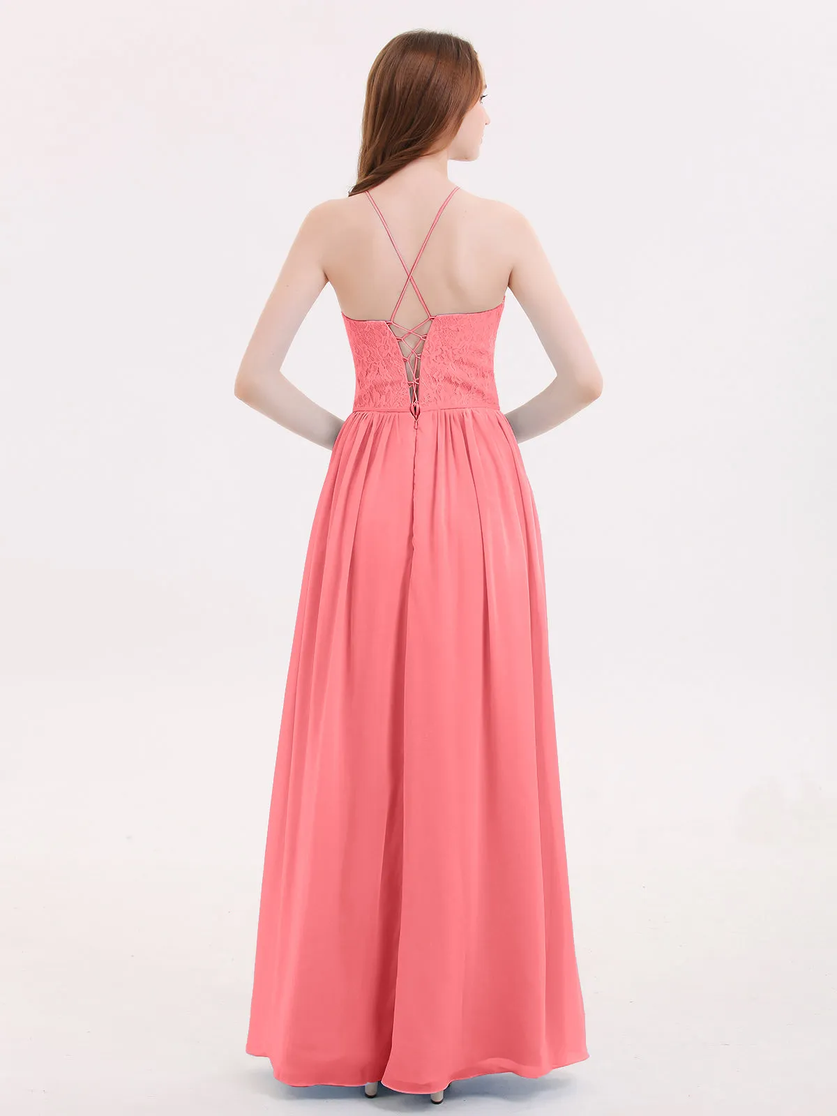 Illusion Neck Lace and Chiffon Maxi Gowns-Watermelon