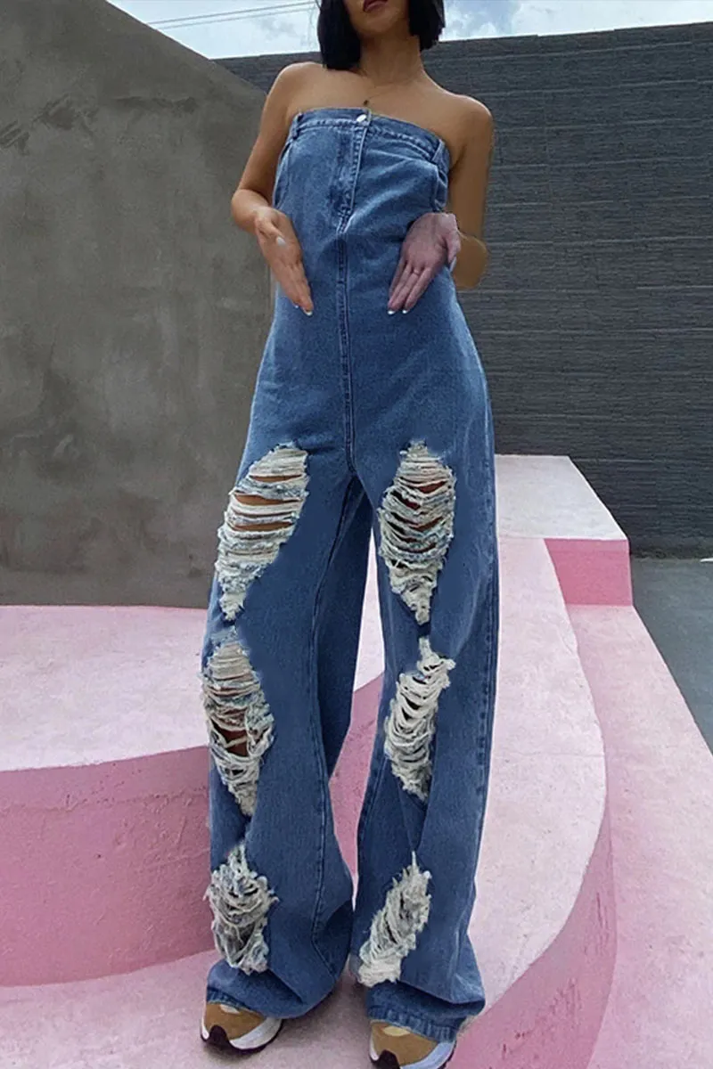 JE210 Strapless Denim Jumpsuits