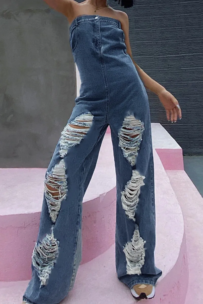 JE210 Strapless Denim Jumpsuits