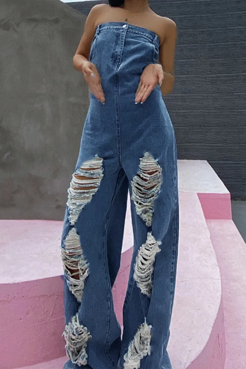 JE210 Strapless Denim Jumpsuits