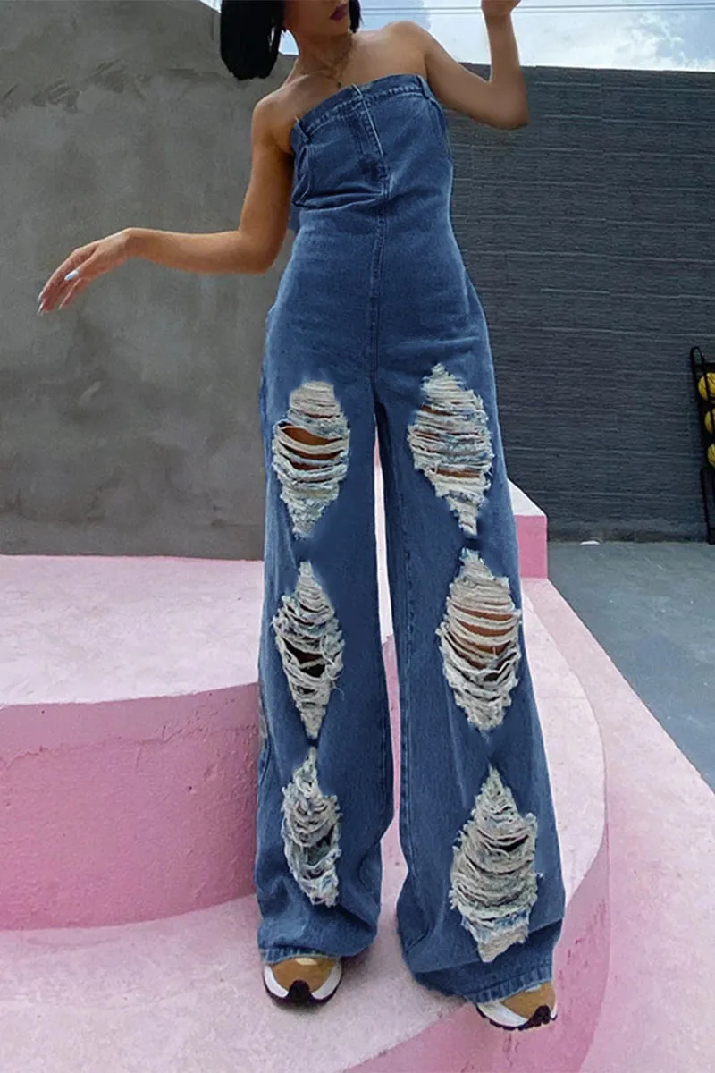 JE210 Strapless Denim Jumpsuits