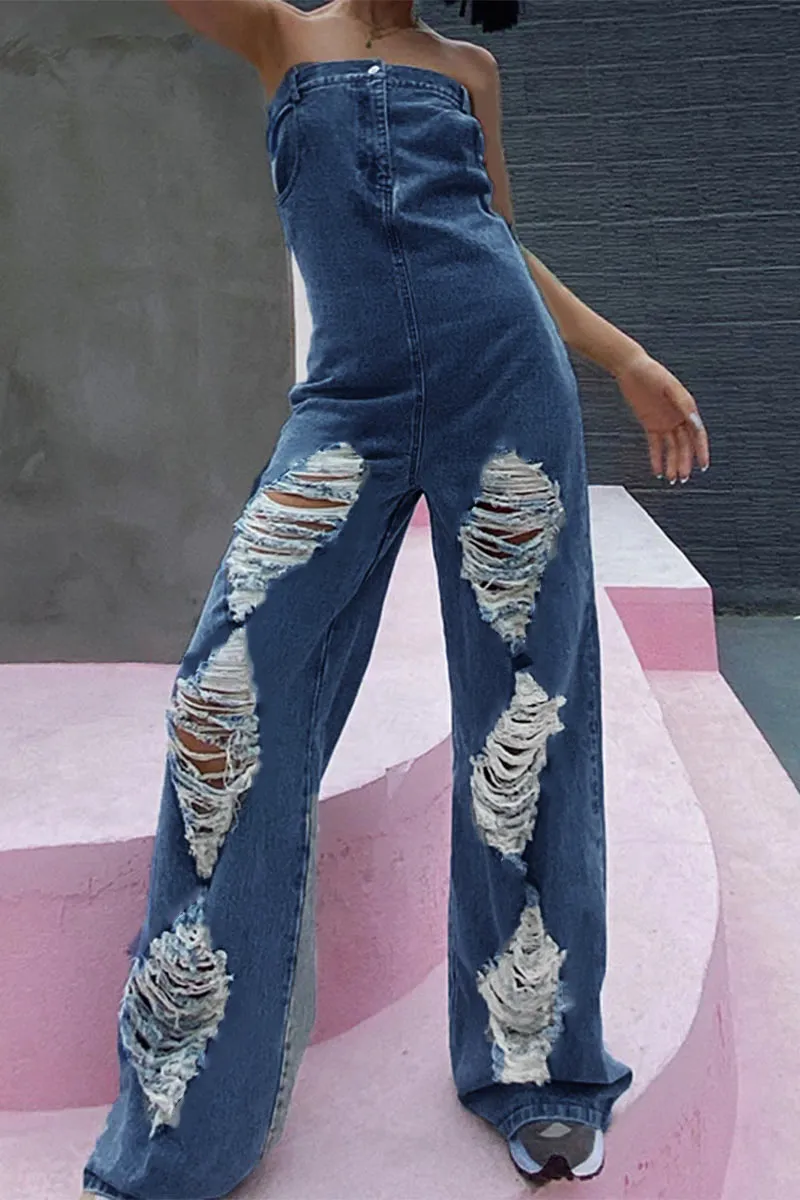 JE210 Strapless Denim Jumpsuits