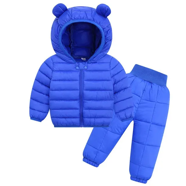 Kids Jackets Pants Sets 2pcs Winter Fall Boys Hooded Coat Warm Pants Girls Jacket Toddler Infant Clothes Suit