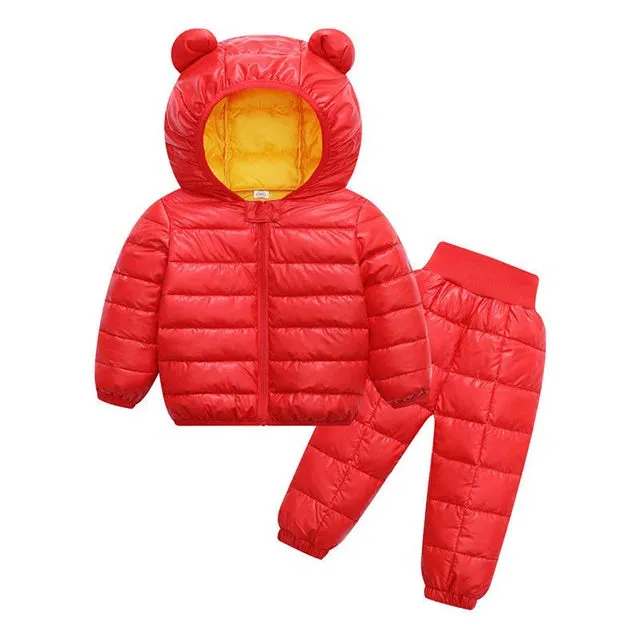 Kids Jackets Pants Sets 2pcs Winter Fall Boys Hooded Coat Warm Pants Girls Jacket Toddler Infant Clothes Suit