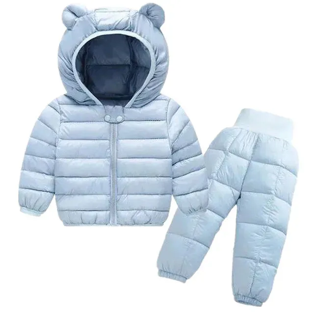 Kids Jackets Pants Sets 2pcs Winter Fall Boys Hooded Coat Warm Pants Girls Jacket Toddler Infant Clothes Suit