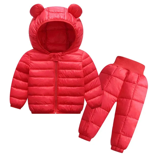 Kids Jackets Pants Sets 2pcs Winter Fall Boys Hooded Coat Warm Pants Girls Jacket Toddler Infant Clothes Suit