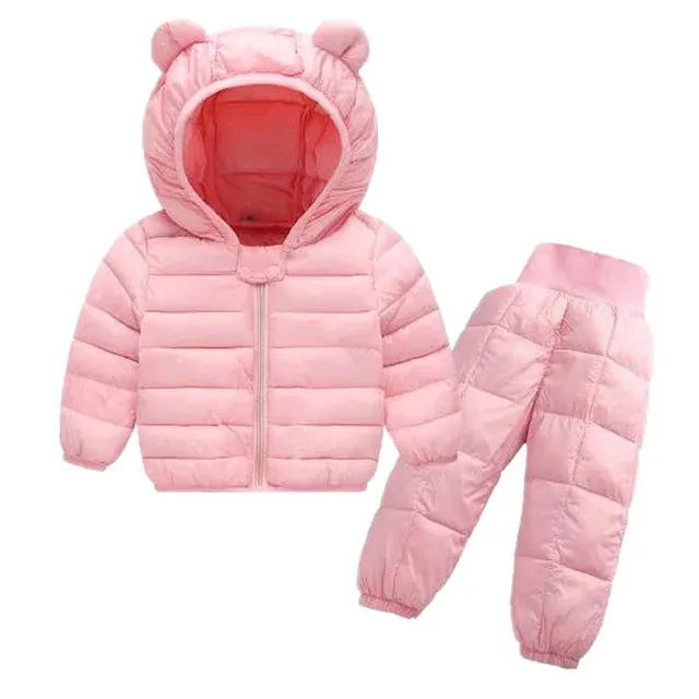 Kids Jackets Pants Sets 2pcs Winter Fall Boys Hooded Coat Warm Pants Girls Jacket Toddler Infant Clothes Suit