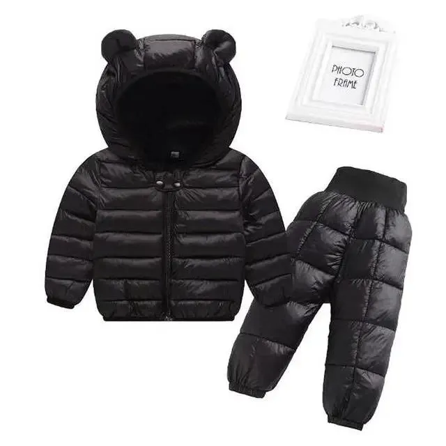 Kids Jackets Pants Sets 2pcs Winter Fall Boys Hooded Coat Warm Pants Girls Jacket Toddler Infant Clothes Suit