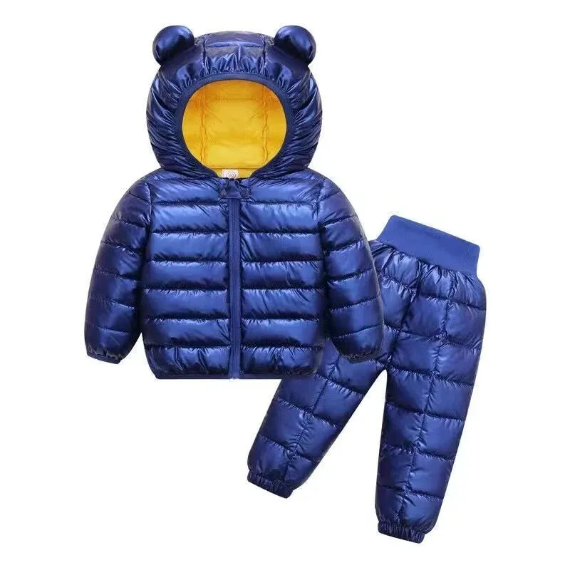 Kids Jackets Pants Sets 2pcs Winter Fall Boys Hooded Coat Warm Pants Girls Jacket Toddler Infant Clothes Suit