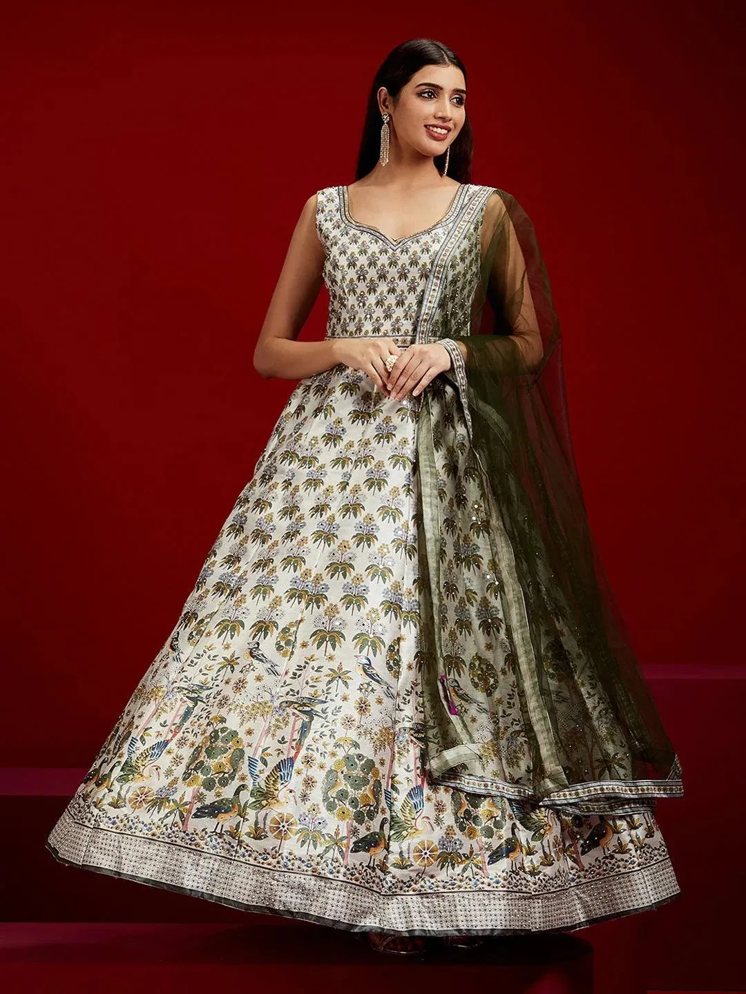 Libas Art Off White Printed Silk Gown With Dupatta