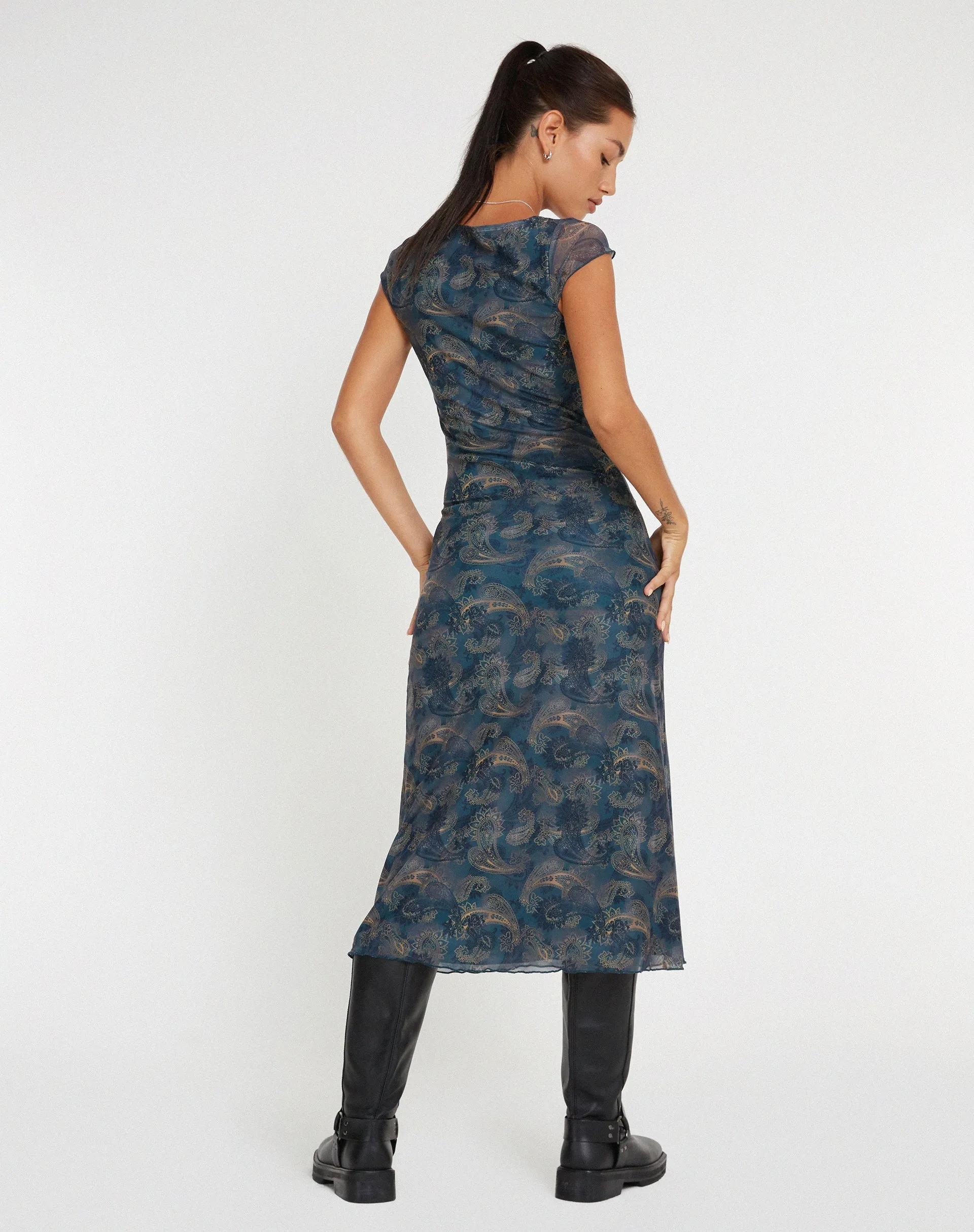 Lunama Mesh Midi Dress in Tonal Blue Paisley