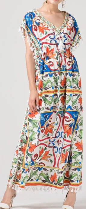 Majolica Multicolored Print Tassel-Trimmed Maxi Dress