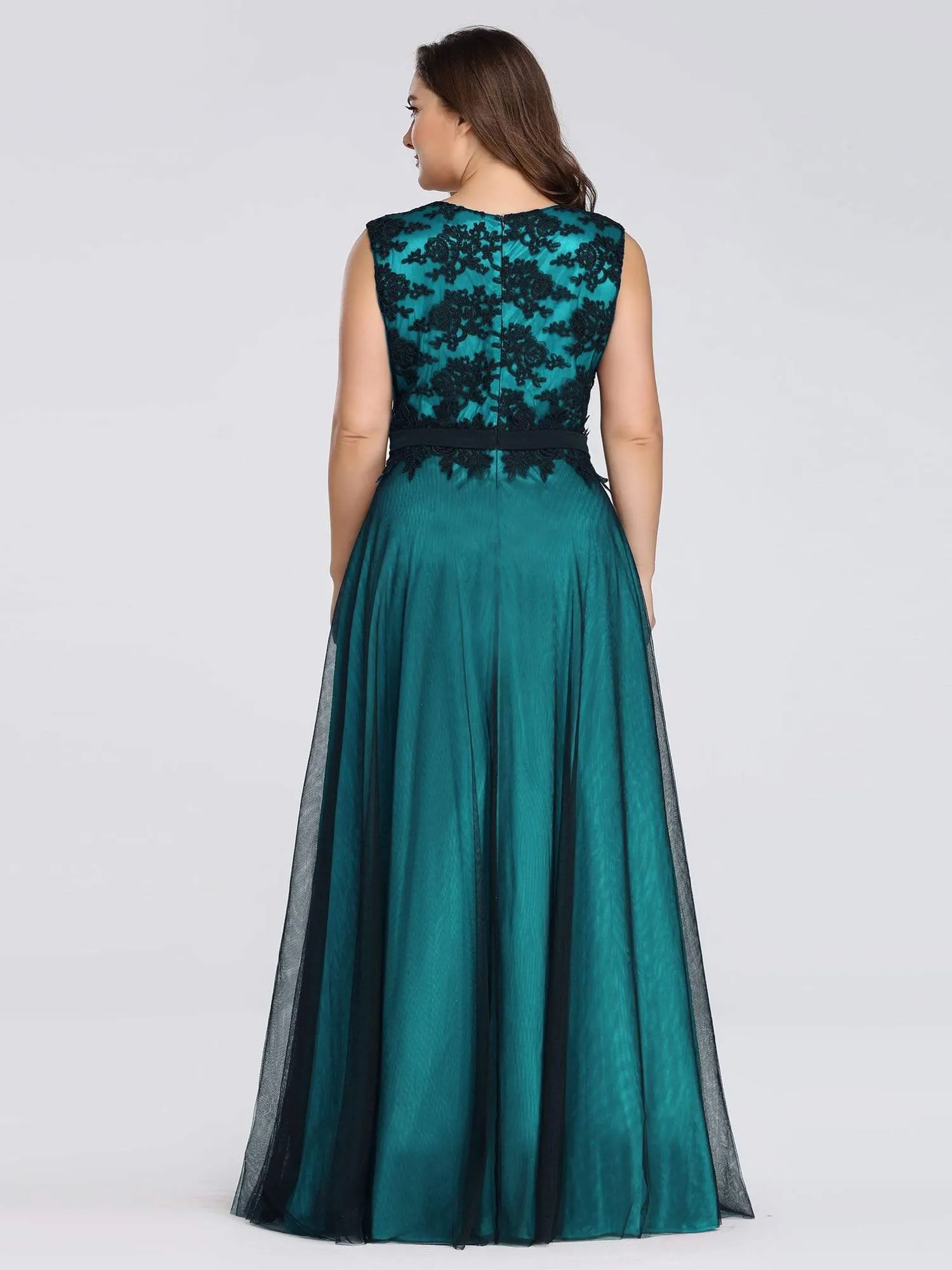 Maxi Long A Line Sleeveless Lace Evening Dress with Black Brocade