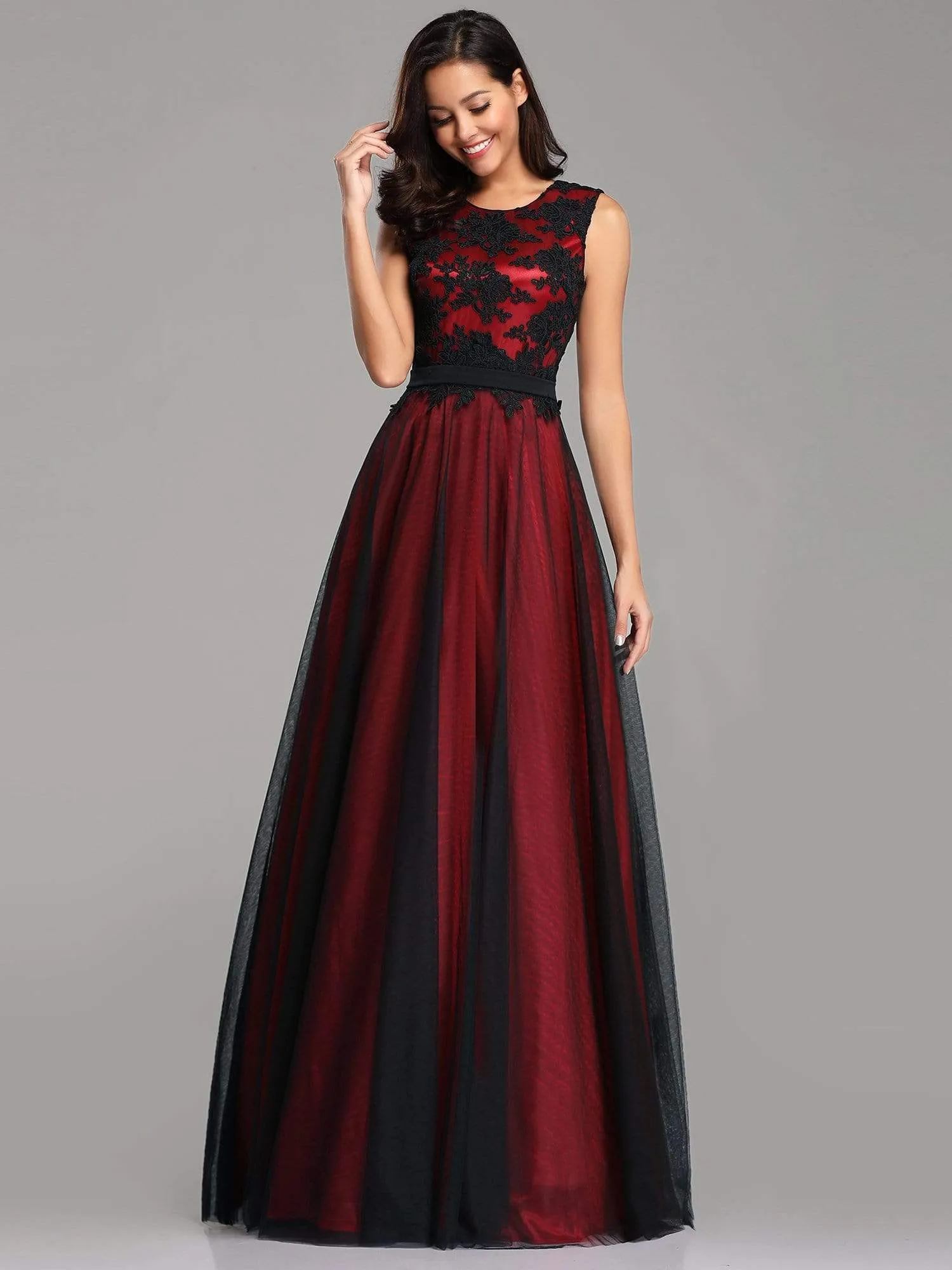 Maxi Long A Line Sleeveless Lace Evening Dress with Black Brocade