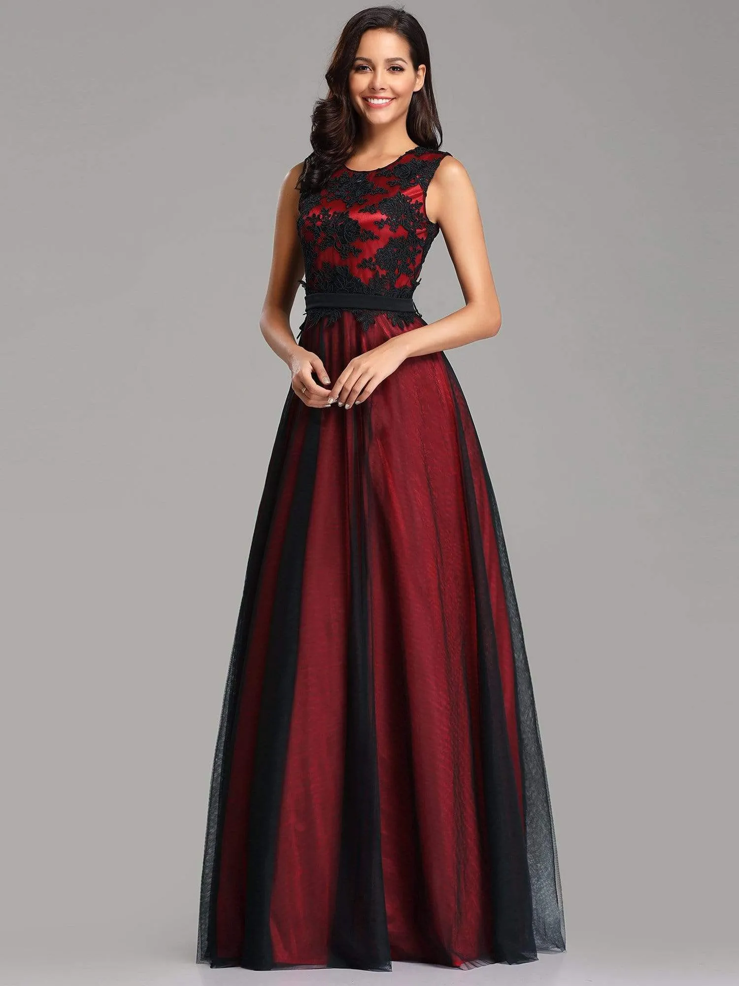 Maxi Long A Line Sleeveless Lace Evening Dress with Black Brocade