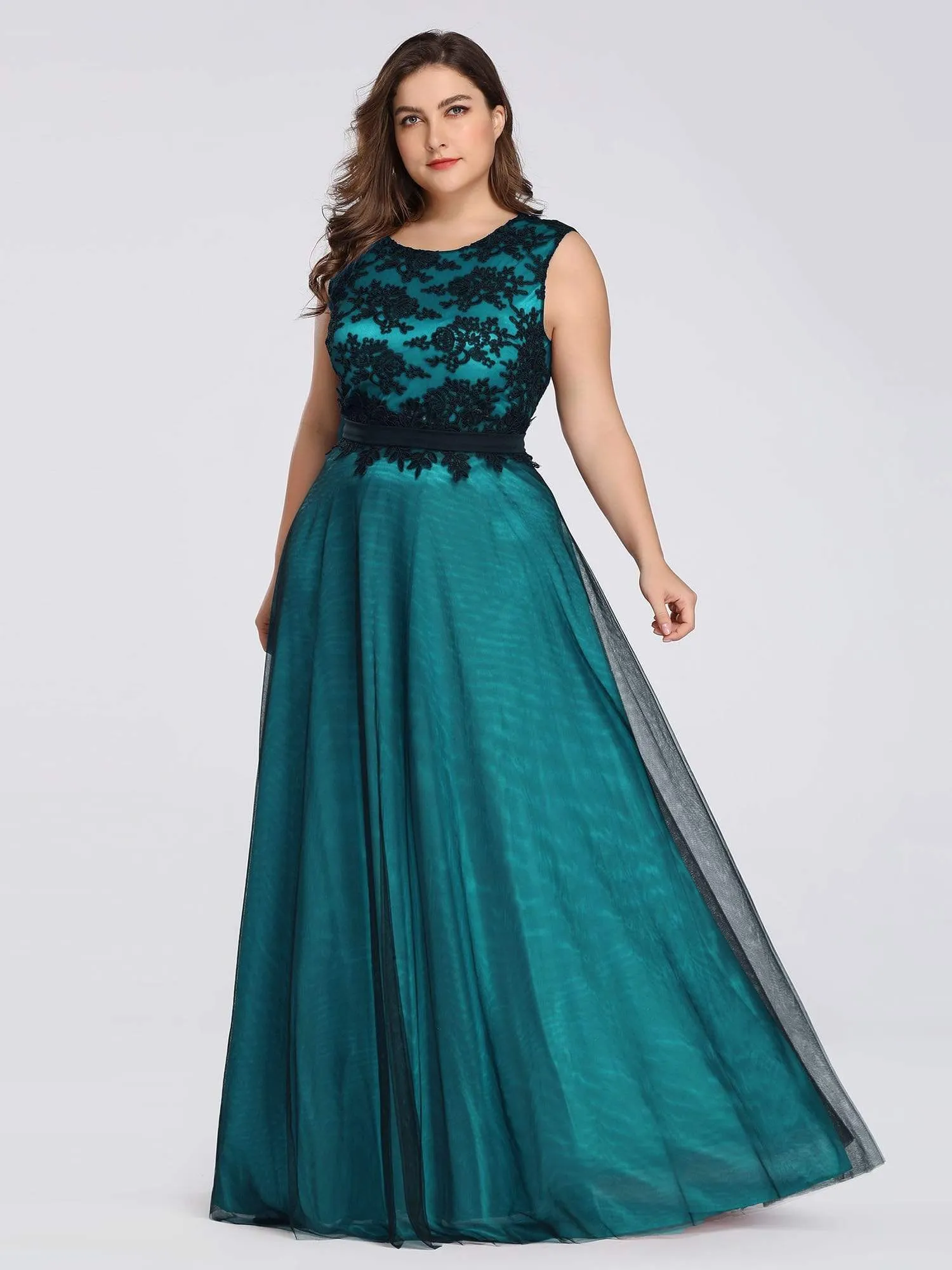 Maxi Long A Line Sleeveless Lace Evening Dress with Black Brocade