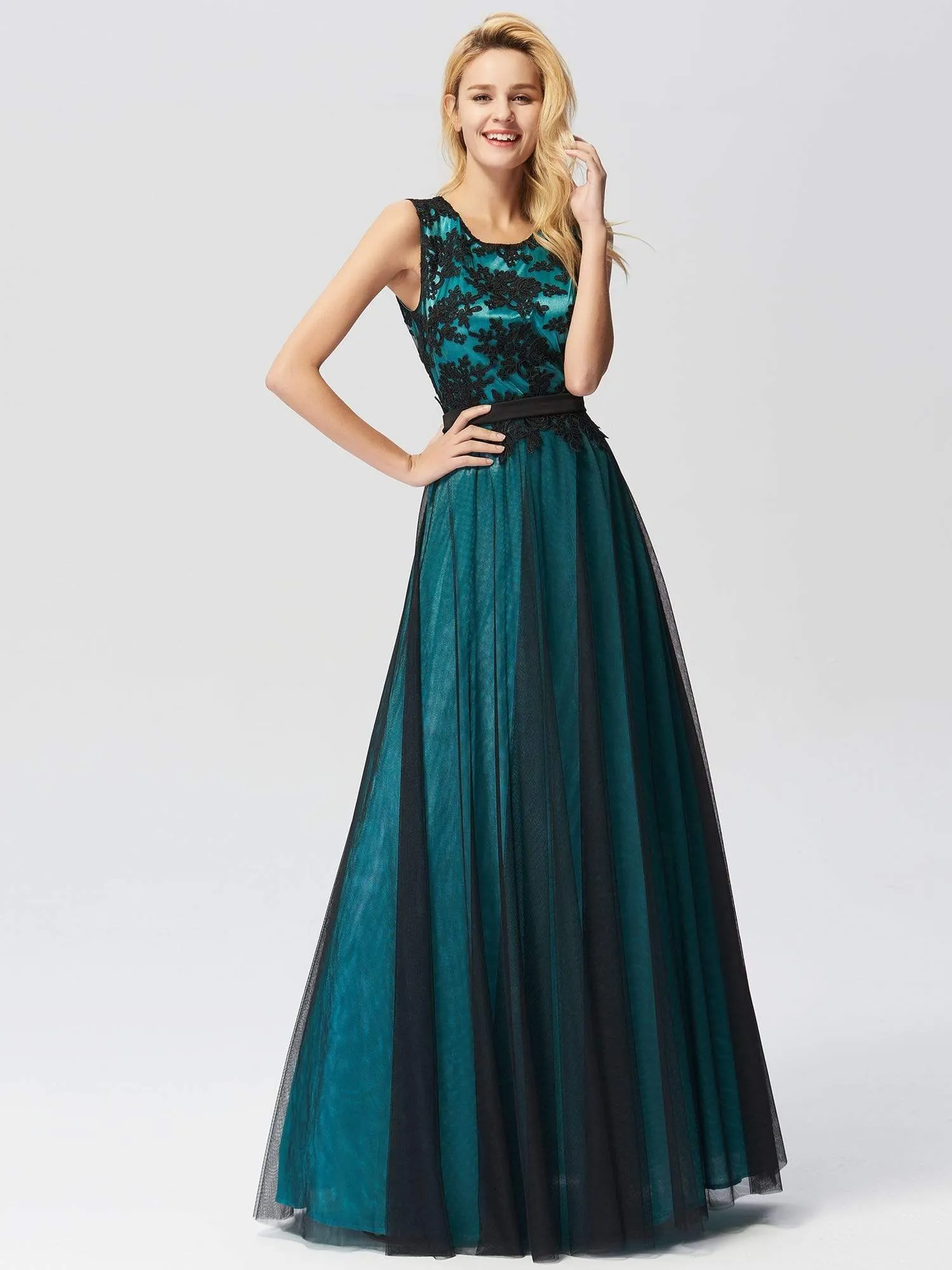 Maxi Long A Line Sleeveless Lace Evening Dress with Black Brocade