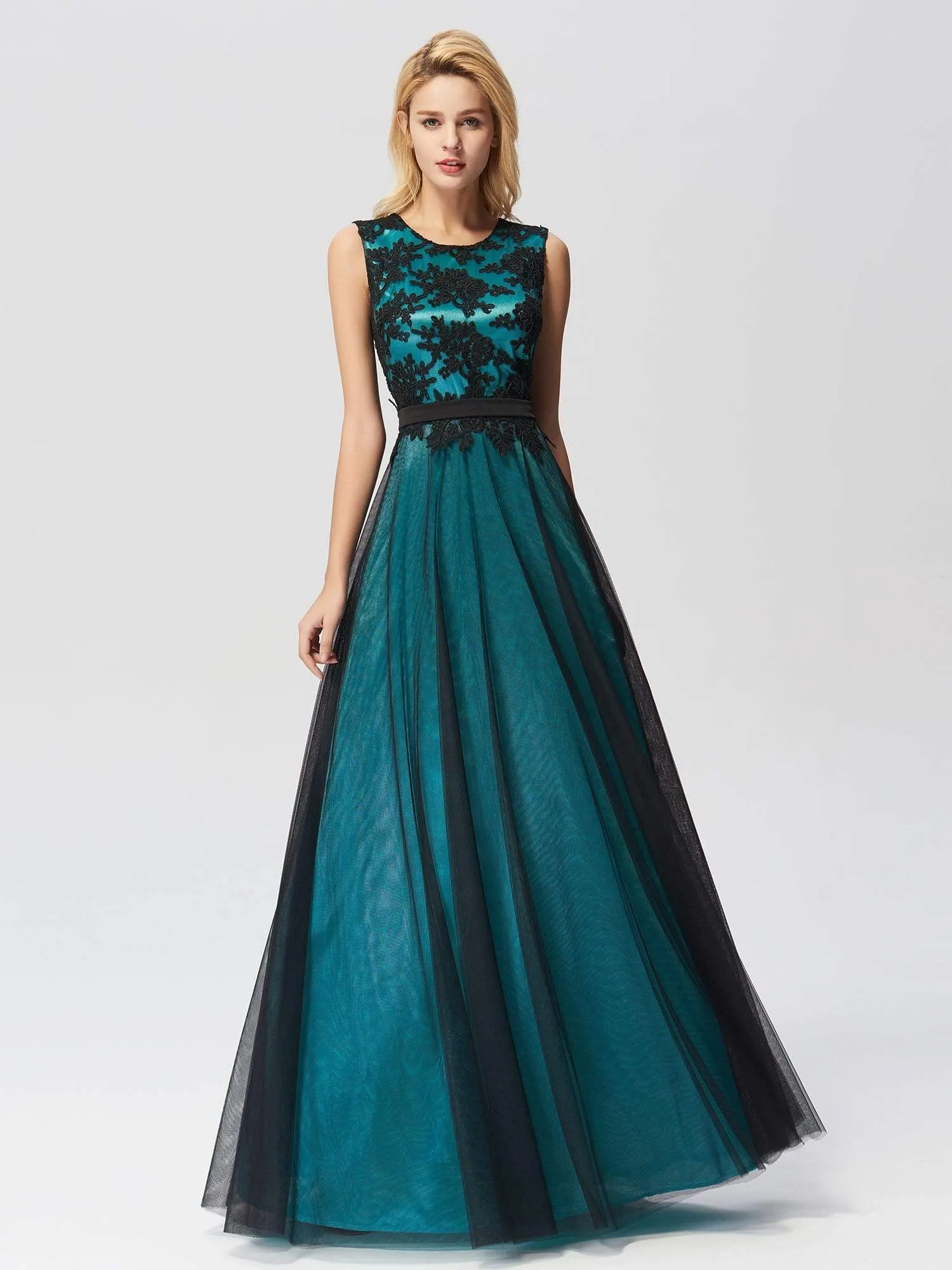 Maxi Long A Line Sleeveless Lace Evening Dress with Black Brocade