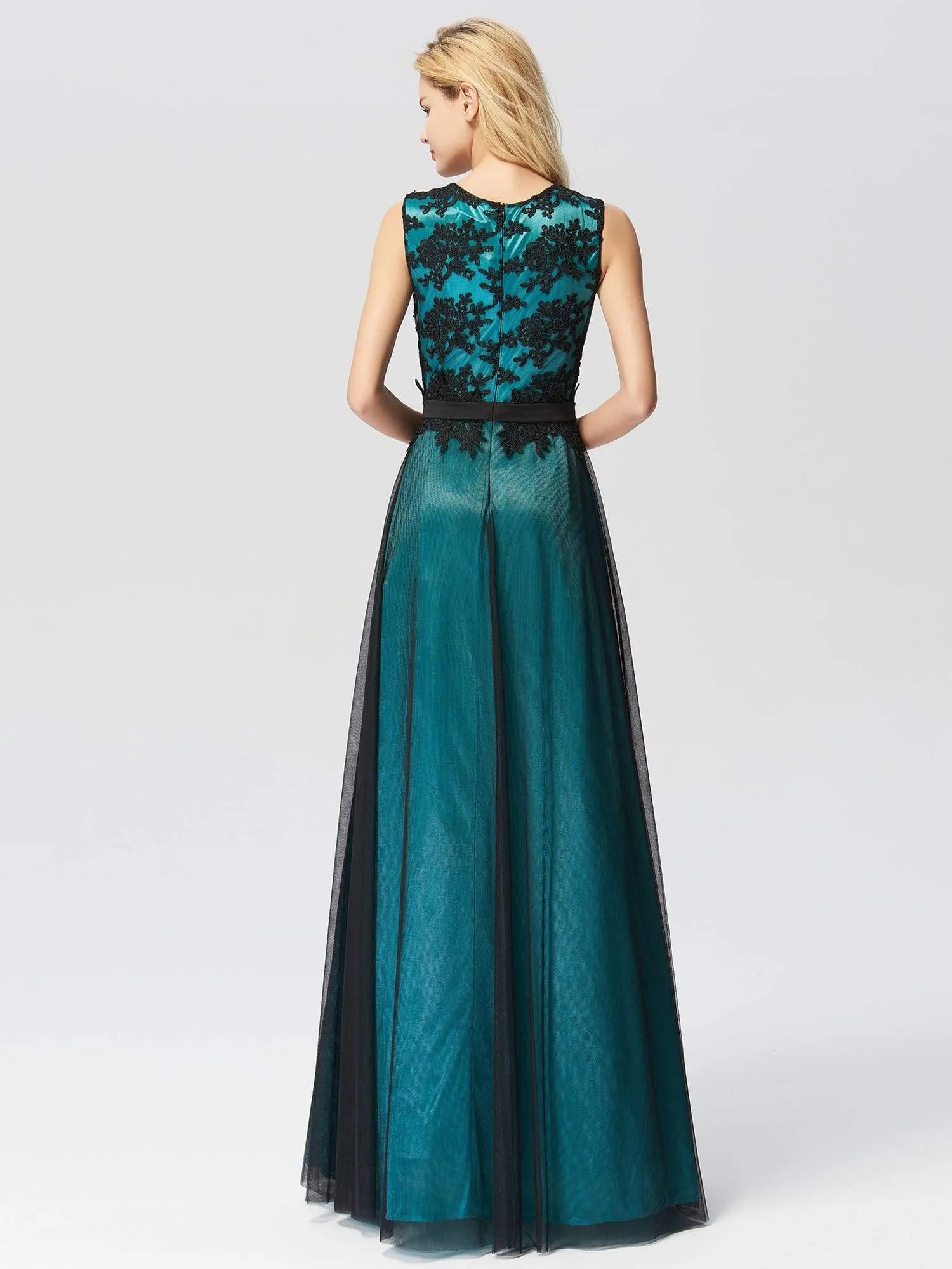 Maxi Long A Line Sleeveless Lace Evening Dress with Black Brocade