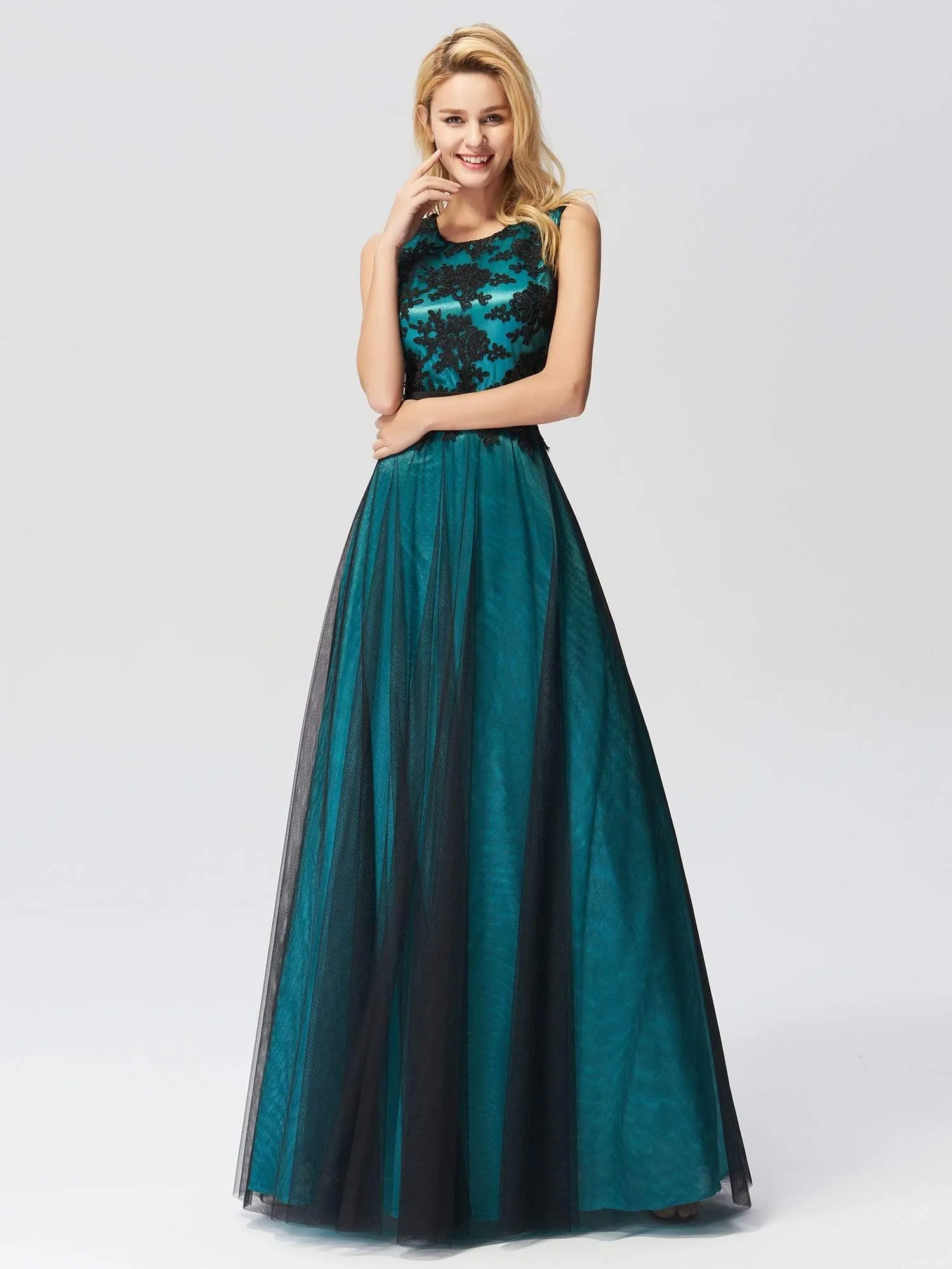 Maxi Long A Line Sleeveless Lace Evening Dress with Black Brocade