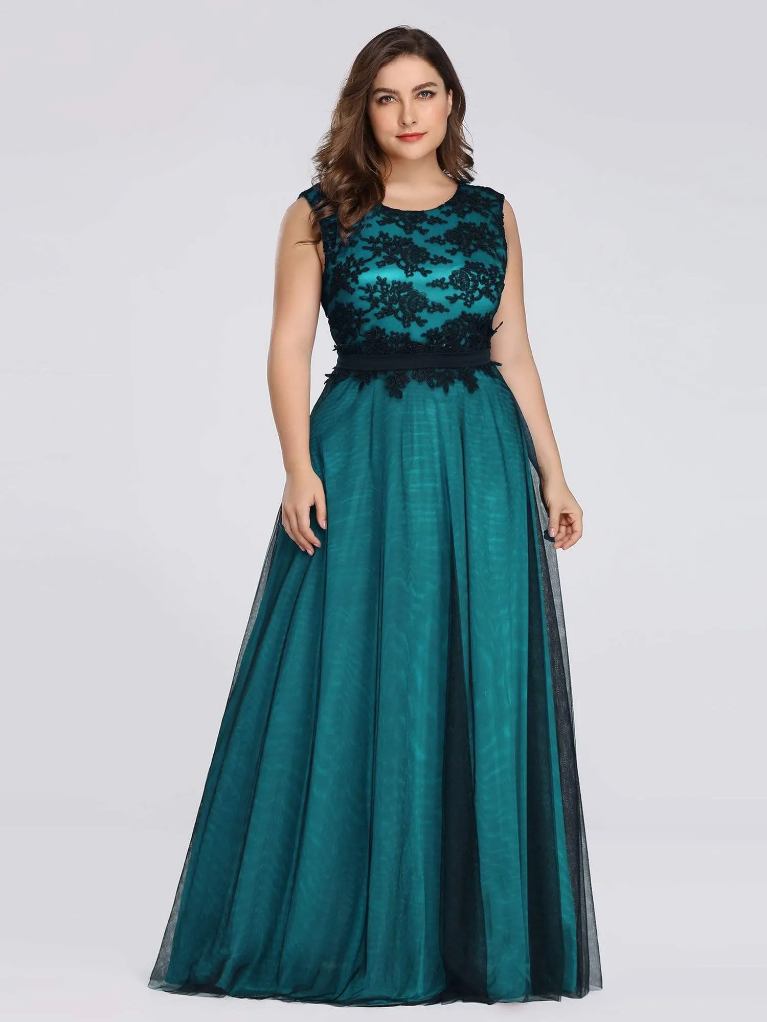 Maxi Long A Line Sleeveless Lace Evening Dress with Black Brocade