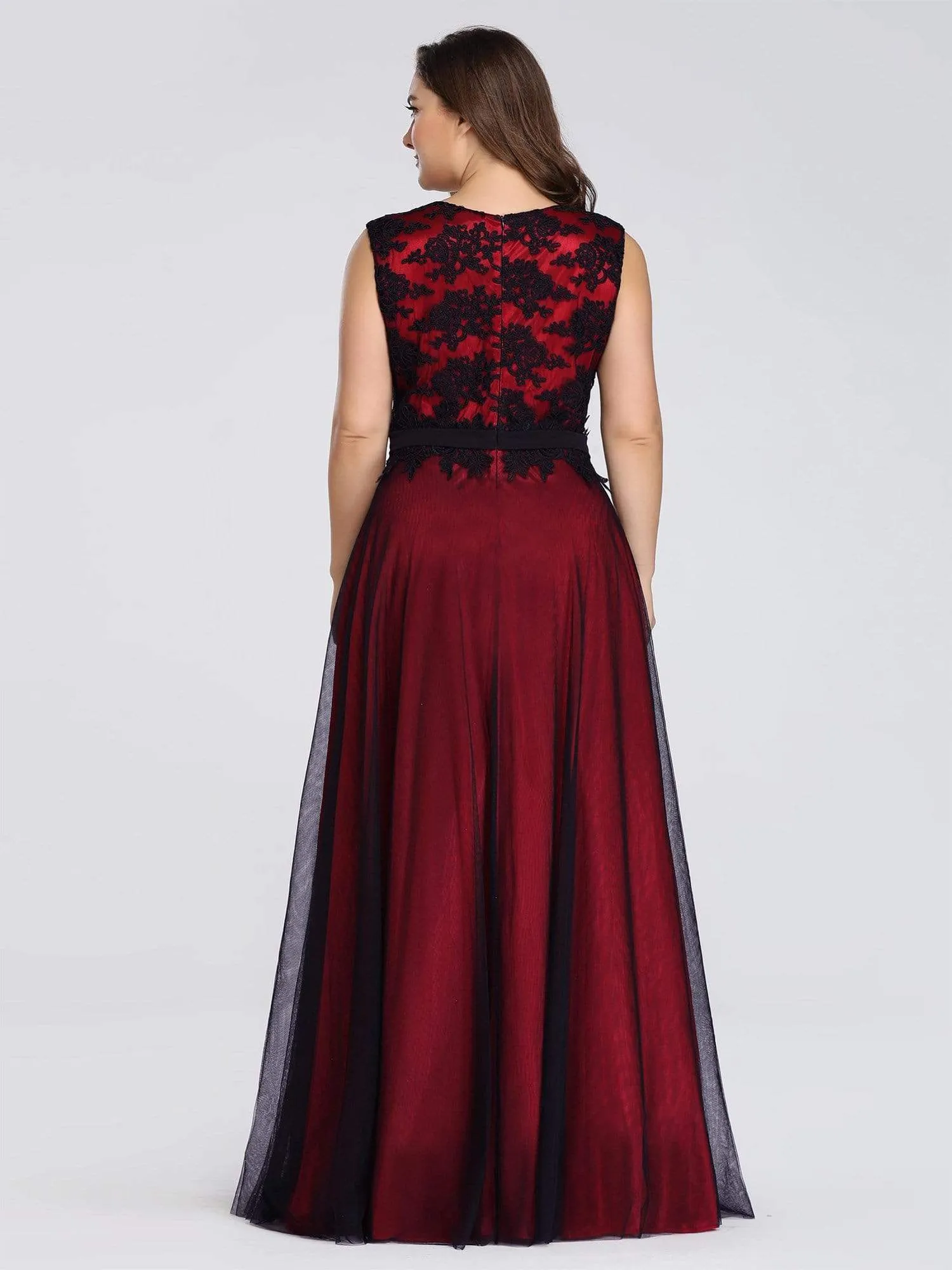 Maxi Long A Line Sleeveless Lace Evening Dress with Black Brocade