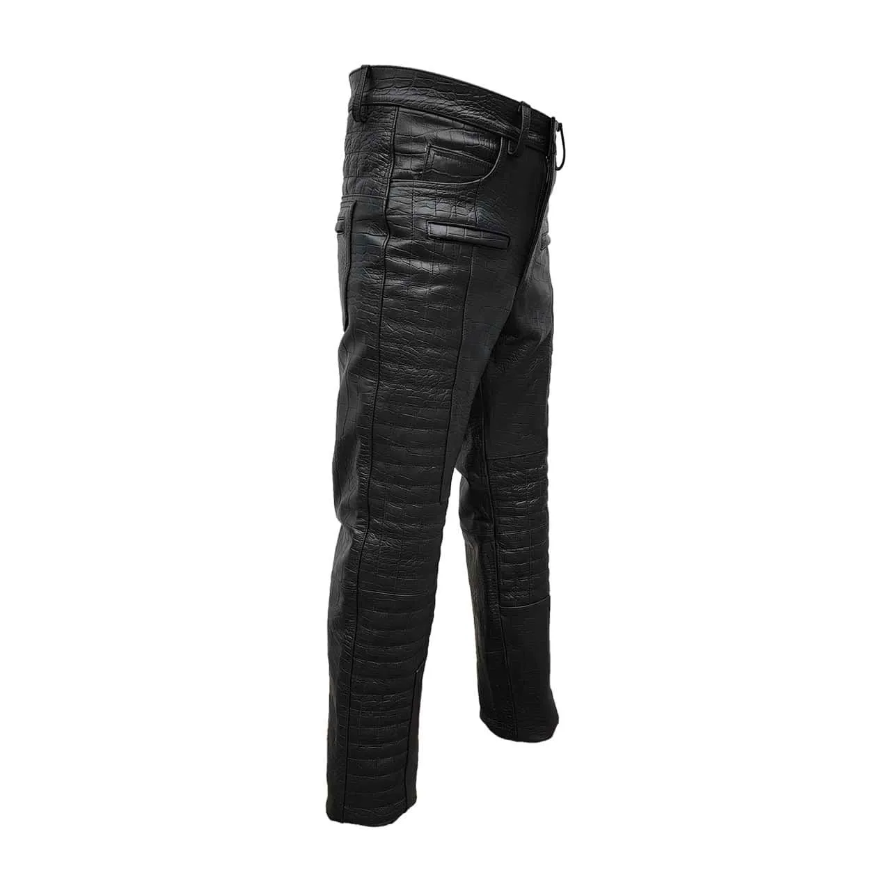 Mens Black Crocodile Print Leather Quilted Design Motorcycle Bikers Pants Jeans Trouser-502