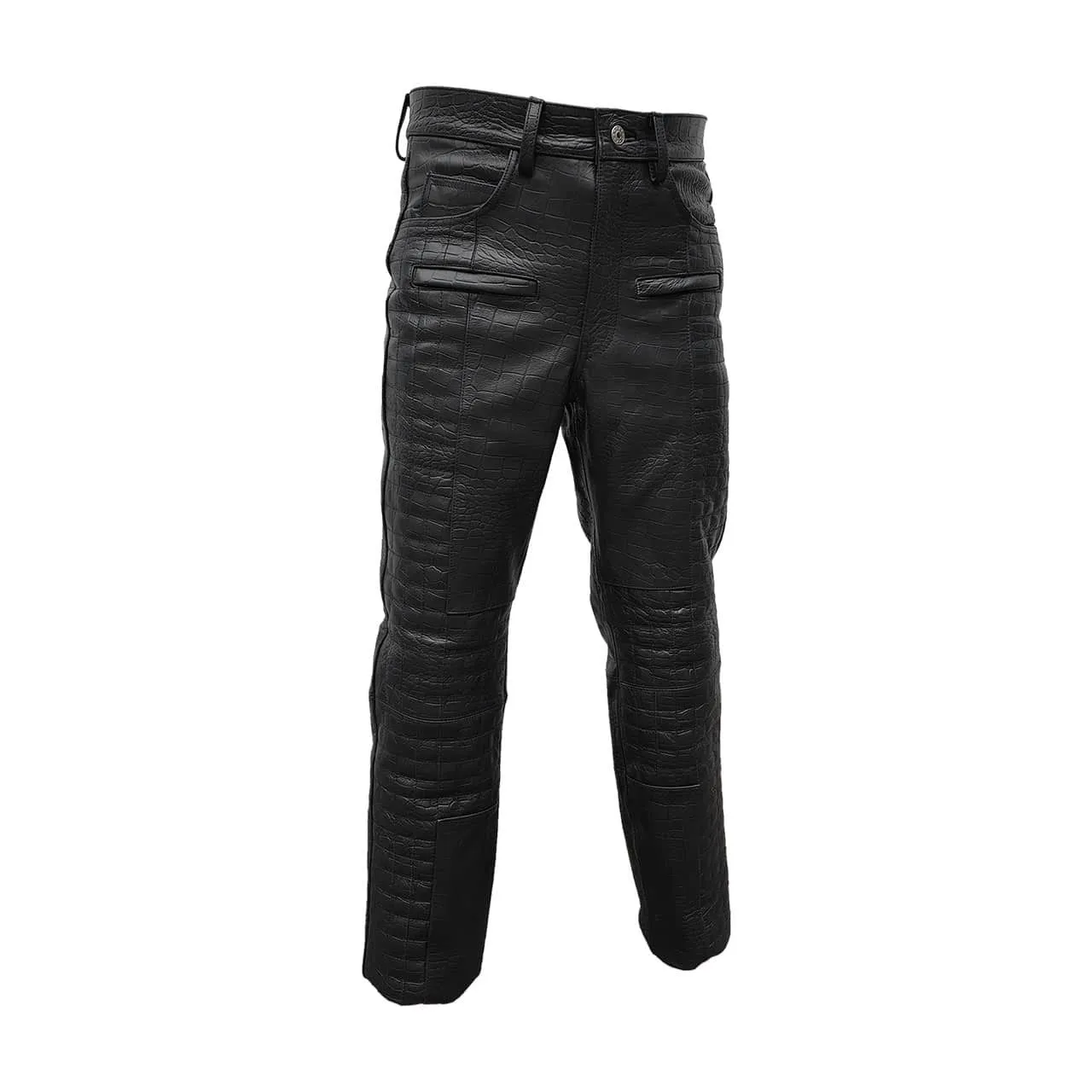 Mens Black Crocodile Print Leather Quilted Design Motorcycle Bikers Pants Jeans Trouser-502