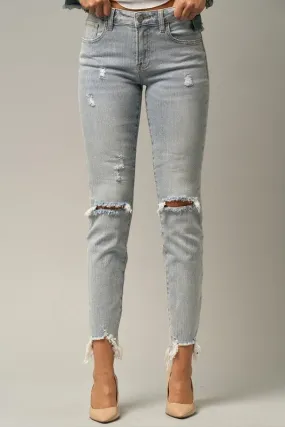 Mid Rise Frayed Hem Ripped Crop Skinny Jeans