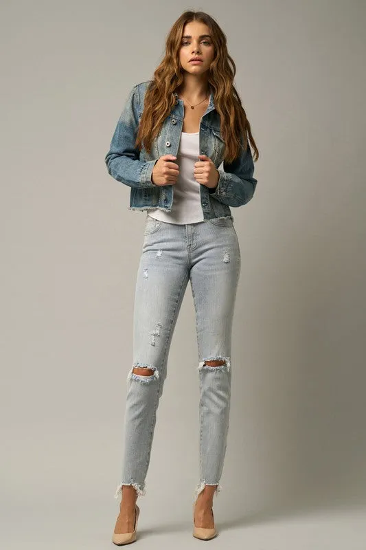 Mid Rise Frayed Hem Ripped Crop Skinny Jeans