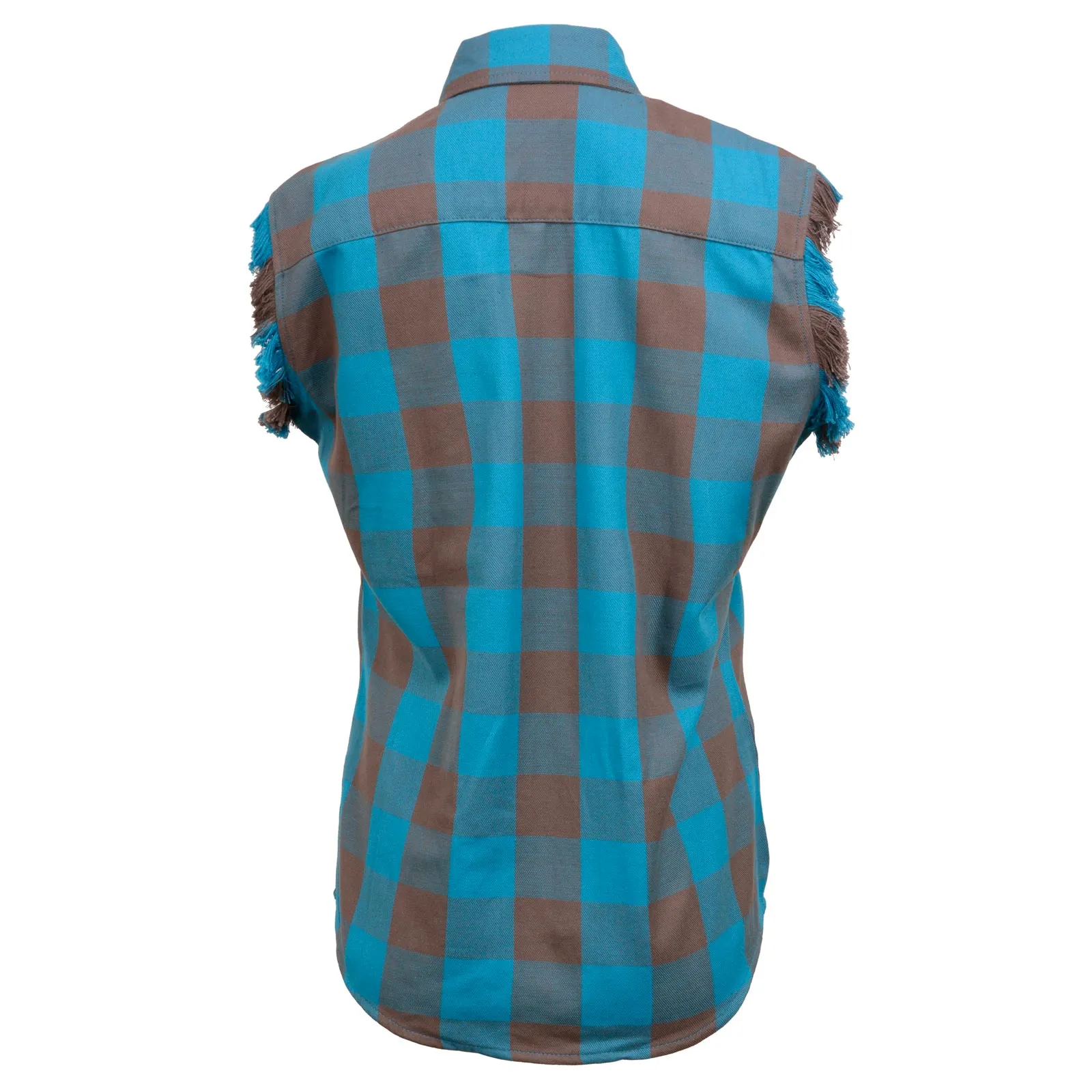 Milwaukee Leather MNG21623 Women's Flannel Brown/Aqua Button Down Sleeveless Cut Off Shirt w/ Frill Arm