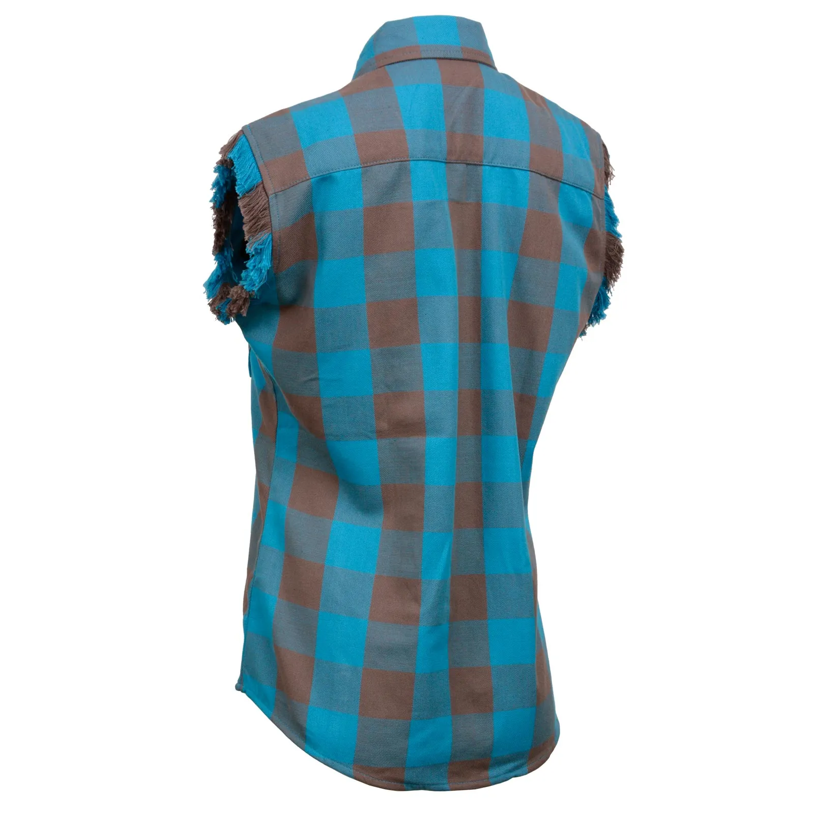 Milwaukee Leather MNG21623 Women's Flannel Brown/Aqua Button Down Sleeveless Cut Off Shirt w/ Frill Arm