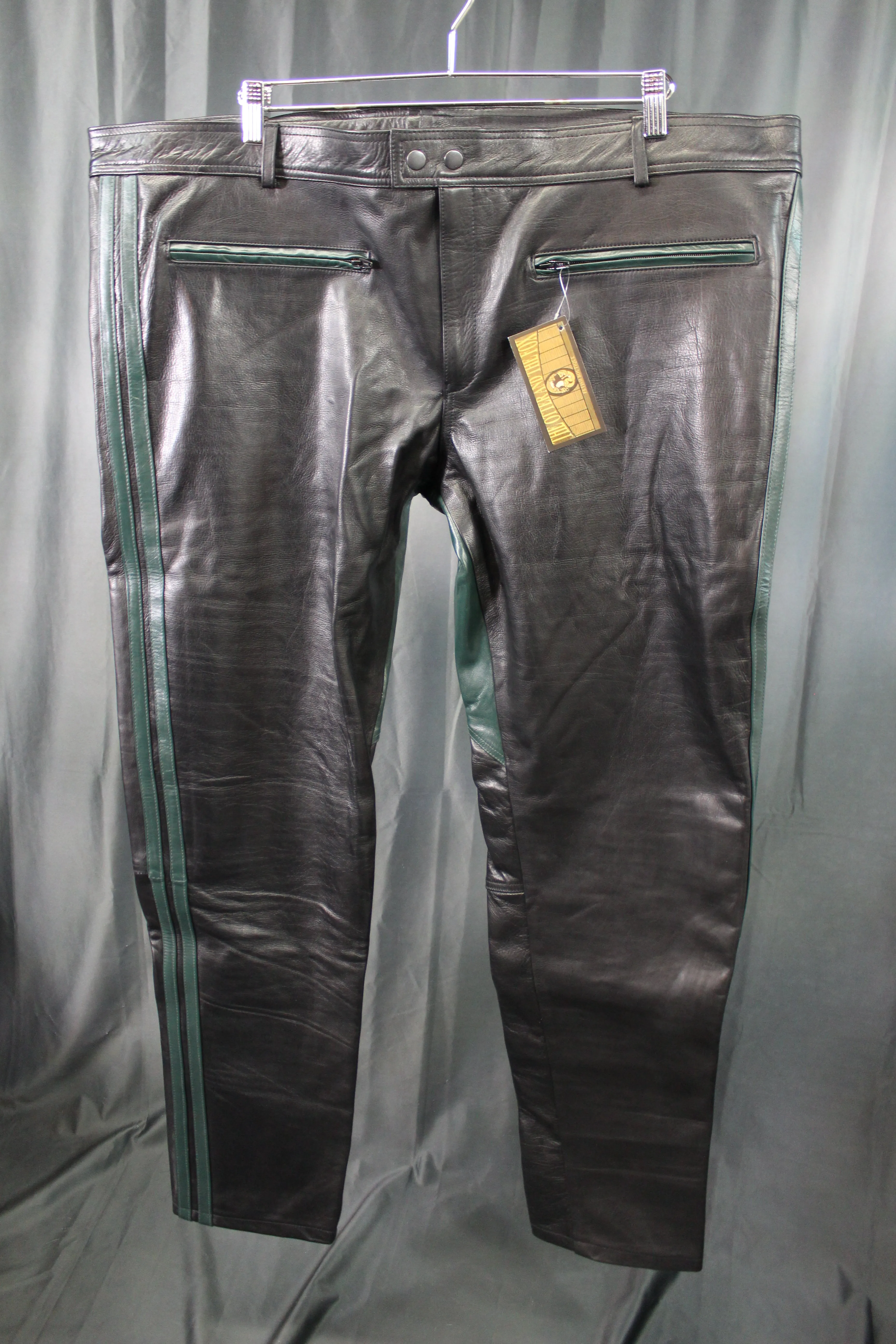 OnF Leather Formal Pants in Black with Hunter Green Highlights