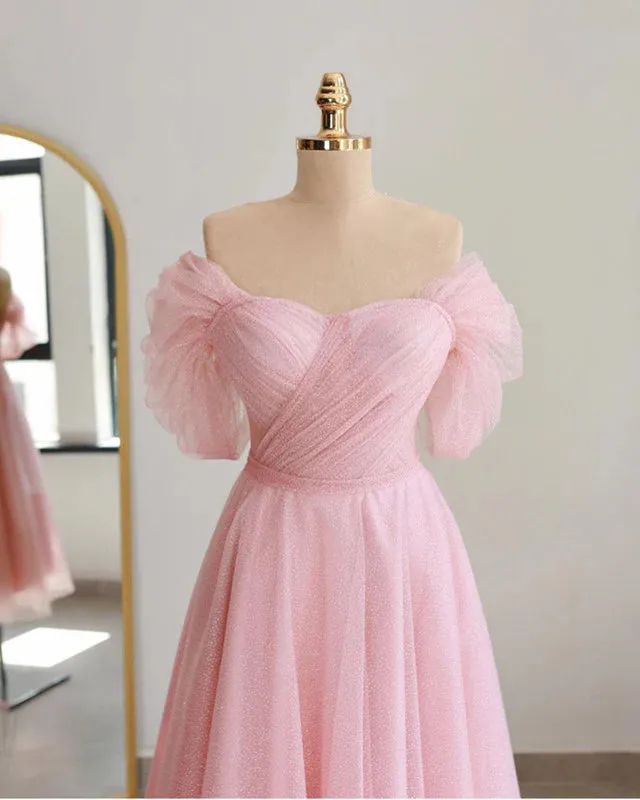 Pink Glitter Tulle Midi Dress Off Shoulder A-Line Princess Prom Dresses