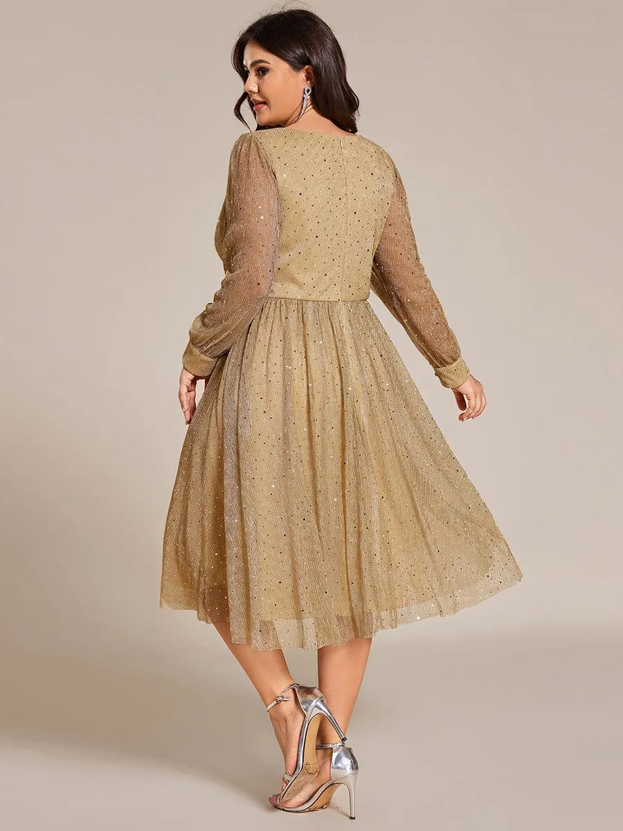 Plus Size Glitter Midi Wedding Guest Dress with Long Sleeves